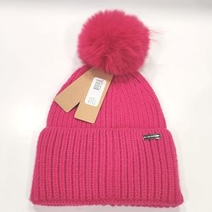 NWT Steve Madden Fushia Knit Faux Fur Pom-Pom Beanie Hat One Size